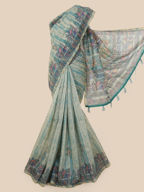 

Pothys Blue Cotton Blend Striped Chanderi Saree