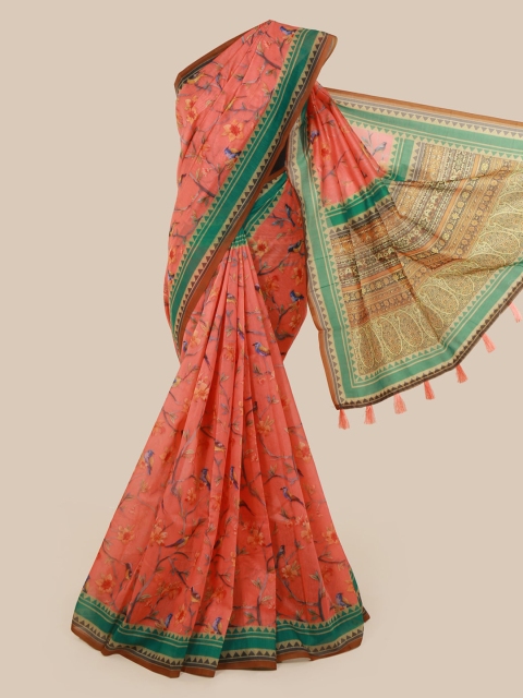 

Pothys Peach-Coloured & Yellow Cotton Blend Printed Chanderi Saree