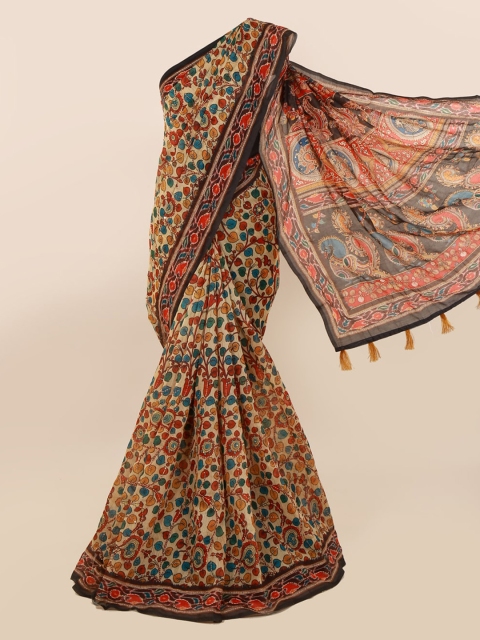 

Pothys Cream-Coloured & Brown Cotton Blend Printed Saree
