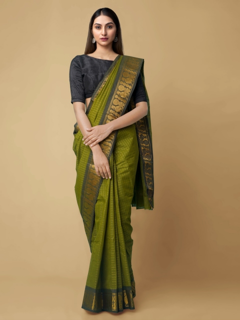 

Unnati Silks Green Pure Cotton Checked Mysore Silk Saree