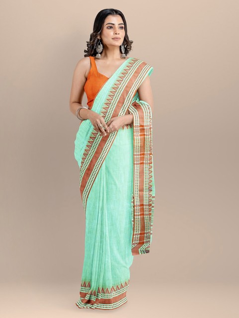 

BharatSthali Sea Green Pure Cotton Solid Maheshwari Saree