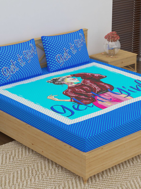 

METRO LIVING Blue & Pink Graphic 104 TC Cotton 1 Queen Bedsheet with 2 Pillow Covers