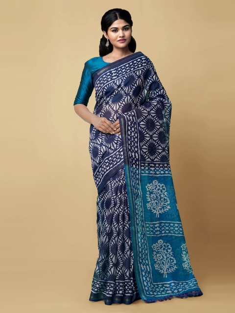 

Unnati Silks Blue Pure Silk Printed Block Print Saree