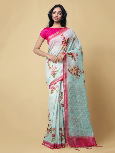 Unnati Silks Blue & Pink Silk Cotton Floral Printed Handloom Chanderi Saree