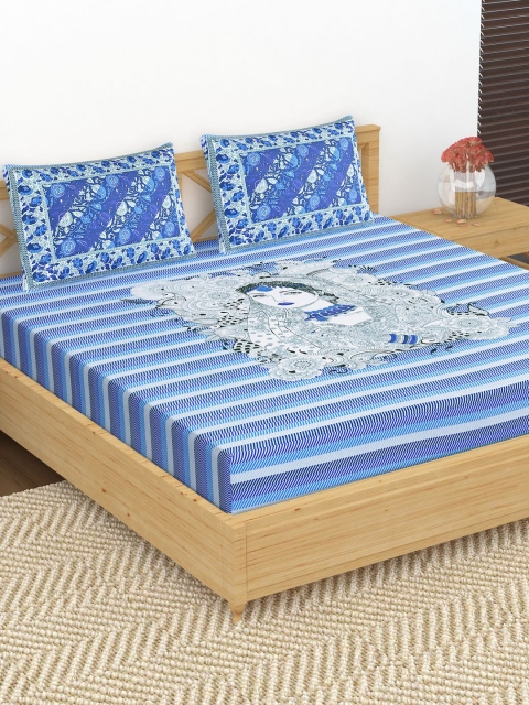 

METRO LIVING Blue & White Ethnic Motifs 104 TC Cotton 1 Queen Bedsheet with 2 Pillow Covers