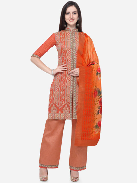 

Stylee LIFESTYLE Orange & Cream-Coloured Silk Blend Semi-Stitched Dress Material