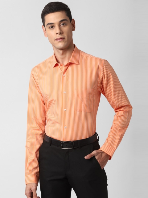 Peter England Men Orange Striped Formal Shirt