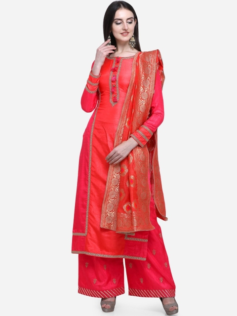 

Stylee LIFESTYLE Coral & Gold-Toned Satin Unstitched Dress Material
