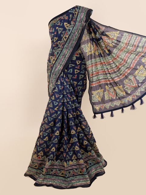 

Pothys Navy Blue & Yellow Cotton Blend Printed Saree