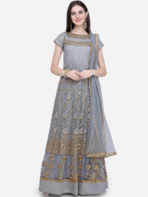 

Stylee LIFESTYLE Grey & Gold-Toned Net Semi-Stitched Dress Material