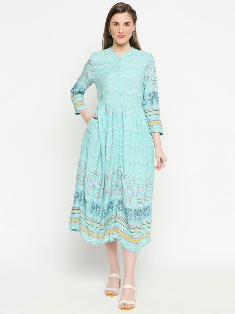 

People Women Turquoise Blue Printed Fit and Flare Dress