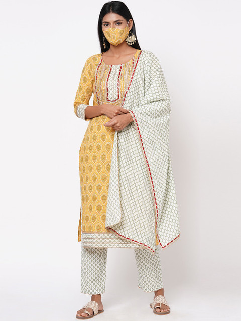

FASHOR Women Yellow Off-White Printed Kurta Set with Dupatta