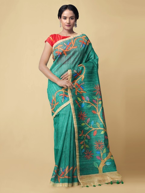 

Unnati Silks Green Silk Cotton Kalamkari Printed Chanderi Saree