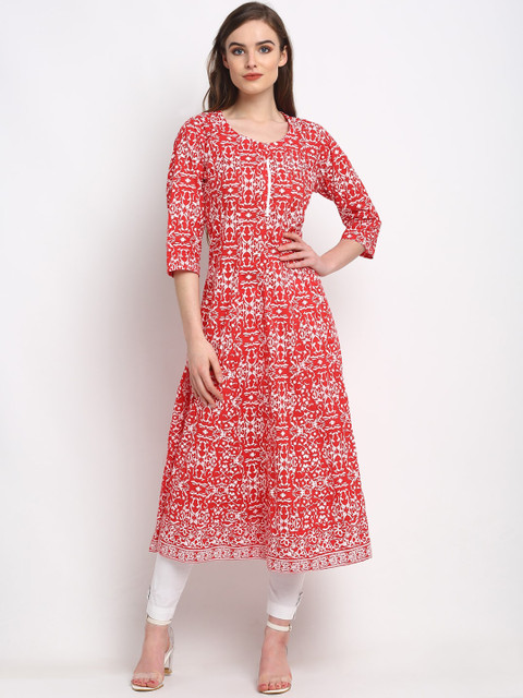 

Friskers Women Red & White Tribal Printed Anarkali Kurta