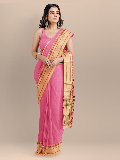 

BharatSthali Pink Silk Cotton Solid Maheshwari Saree