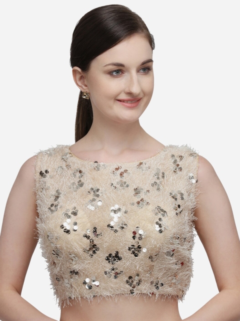

Fab Dadu Women Beige & Silver-Color Sequin Embellished Silk Saree Blouse