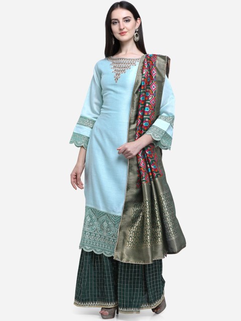 

Stylee LIFESTYLE Blue & Green Satin Semi-Stitched Dress Material