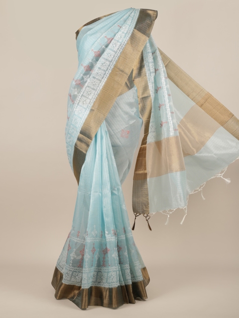 

Pothys Turquoise Blue Embroidered Silk Cotton Saree With Tasseled Pallu