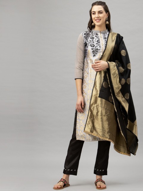 

Satrani Grey & Black Poly Silk Jacquard Unstitched Dress Material