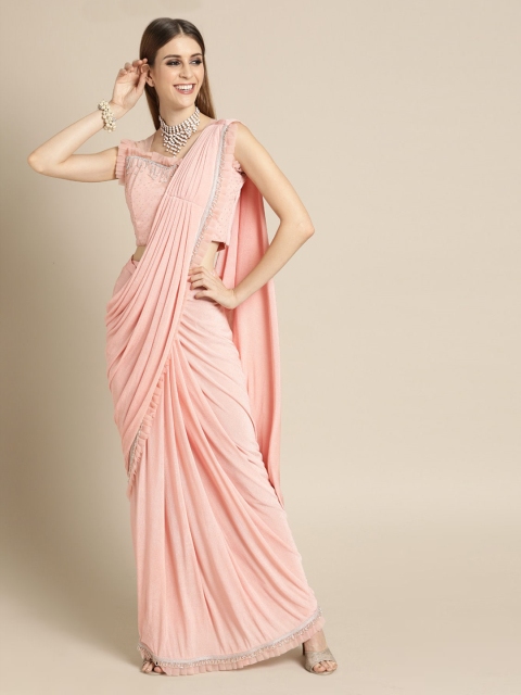 

Chhabra 555 Pink Solid Ruffled Poly Georgette Ready to Wear Saree