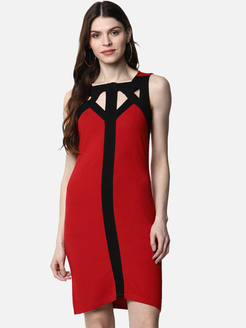 

FIVE STONES Women Red Colourblocked Bodycon Dress