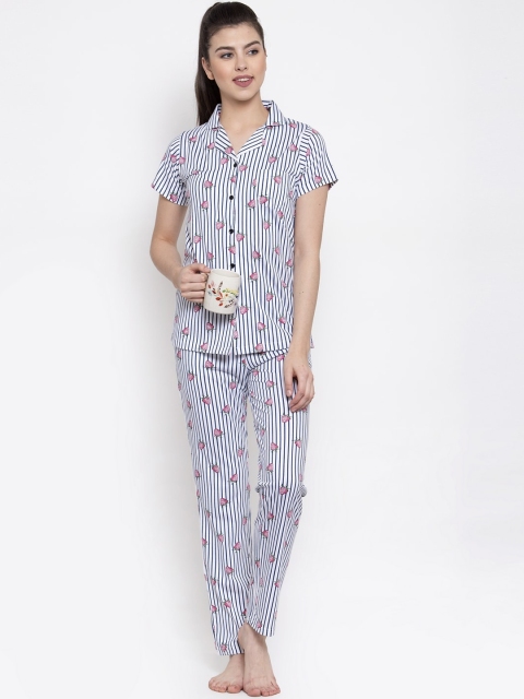 

Claura Women White & Navy Blue Printed Cotton Night suit