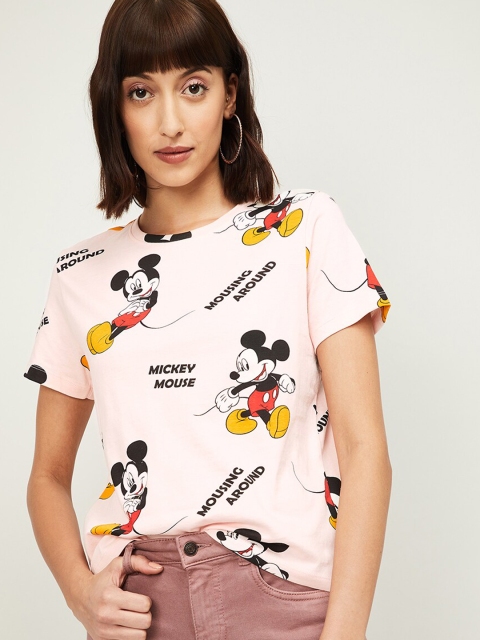 

Ginger by Lifestyle Women Pink Mickey Mouse Printed Round Neck T-shirt