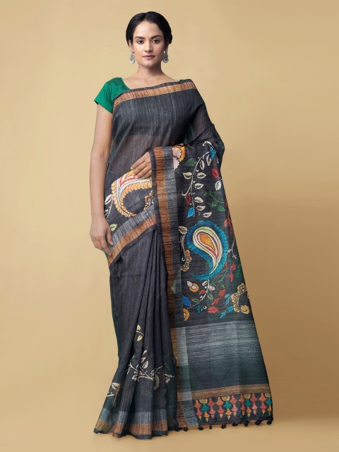 

Unnati Silks Black Silk Cotton Printed Chanderi Saree With Tasseled Pallu