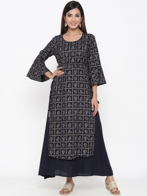 

kipek Women Navy Blue Floral Printed Flared Sleeves Kurta