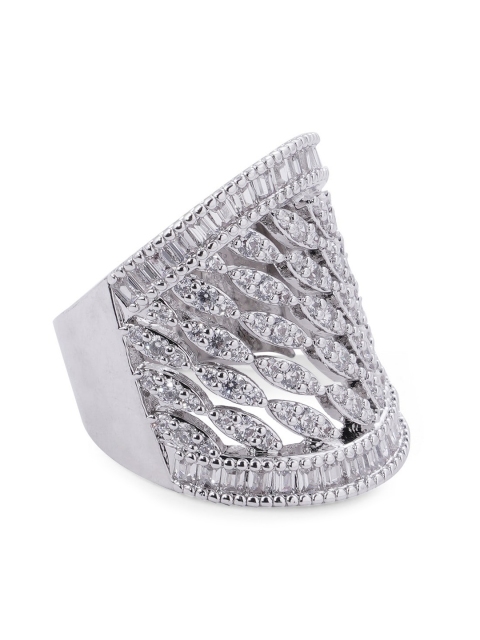 shaze Silver-Toned & White CZ-Studded Statement Finger Ring