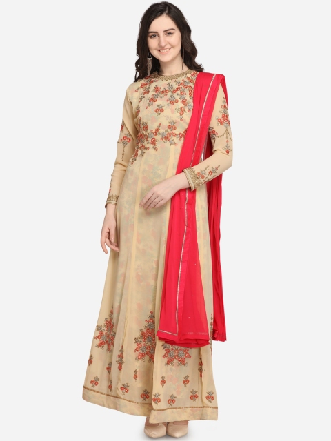 

Stylee LIFESTYLE Beige & Coral Poly Georgette Semi-Stitched Dress Material