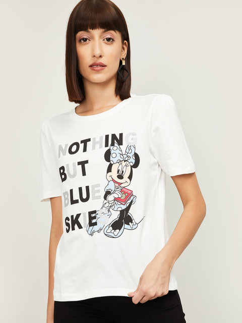 

Ginger by Lifestyle Women Off-White Minnie Mouse Printed Round Neck T-shirt
