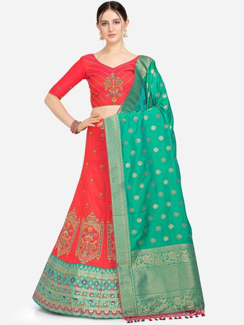 

Stylee LIFESTYLE Red & Green Embroidered Semi-Stitched Lehenga & Unstitched Blouse with Dupatta