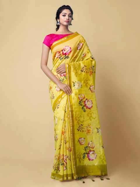

Unnati Silks Yellow Silk Cotton Printed Handloom Chanderi Saree