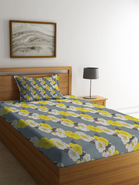 

MAYFAIR HOMES LONDON Grey & Yellow Floral 104 TC Cotton 1 Single Bedsheet with 1 Pillow Covers