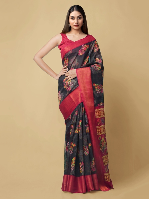 

Unnati Silks Black Silk Cotton Printed Handloom Chanderi Saree