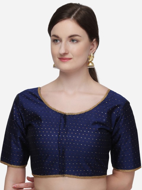 

Fab Dadu Women Navy Blue & Gold-Colored Woven-Design Saree Blouse