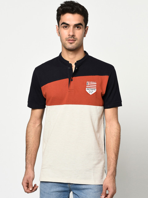 

Octave Men Navy Blue Colourblocked Mandarin Collar T-shirt
