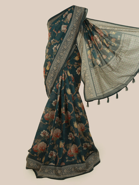 

Pothys Green Cotton Blend Printed Chanderi Saree