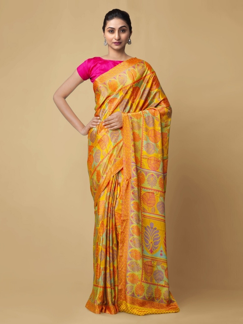 

Unnati Silks Yellow & Purple Pure Crepe Printed Block Print Handloom Saree