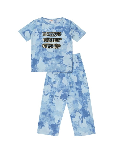 

RAINE AND JAINE Girls Blue & Black Printed Night Suit