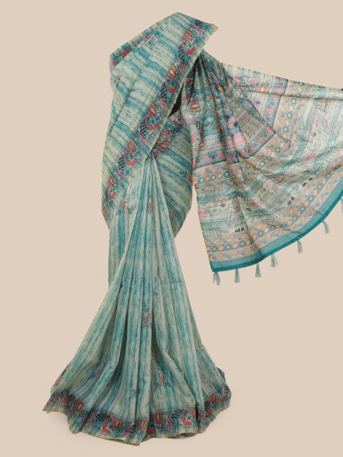 

Pothys Blue Cotton Blend Striped Chanderi Saree