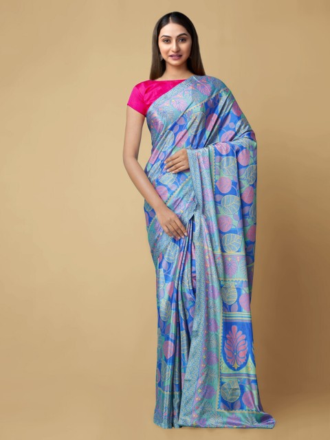 

Unnati Silks Blue & Pink Pure Crepe Printed Block Print Saree