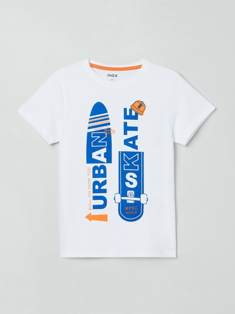 

max Boys White Printed Round Neck Cotton Pure Cotton T-shirt