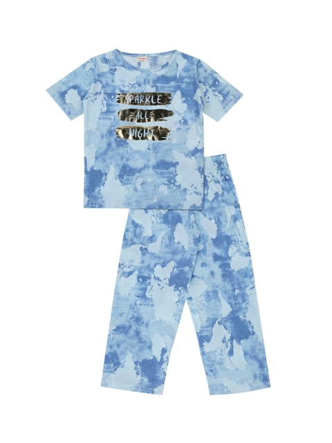 

RAINE AND JAINE Girls Blue & Black Printed Pure Cotton Night suit