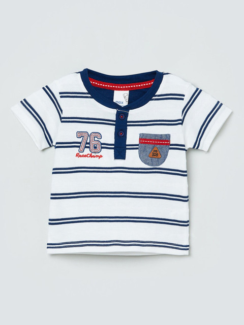

max Boys White & Navy Blue Striped Henley Neck Cotton T-shirt