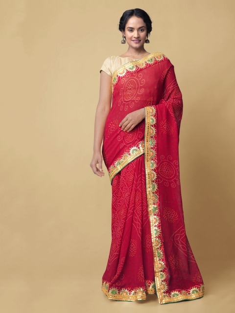 

Unnati Silks Red & Beige Pure Chiffon Printed Bandhani Handloom Sustainable Saree