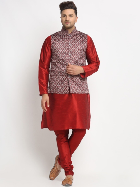

Benstoke Men Maroon Solid Kurta with Churidar & Nehru Jacket