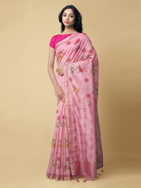 

Unnati Silks Pink & Red Silk Cotton Printed Handloom Chanderi Saree