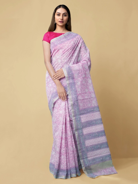

Unnati Silks Pink & Grey Silk Cotton Printed Handloom Chanderi Saree